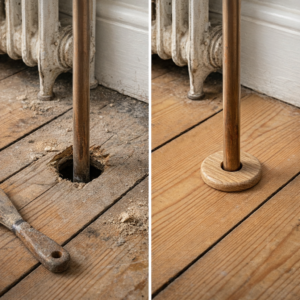 solid oak radiator pipe cover floor collar before and after installation on wooden floor