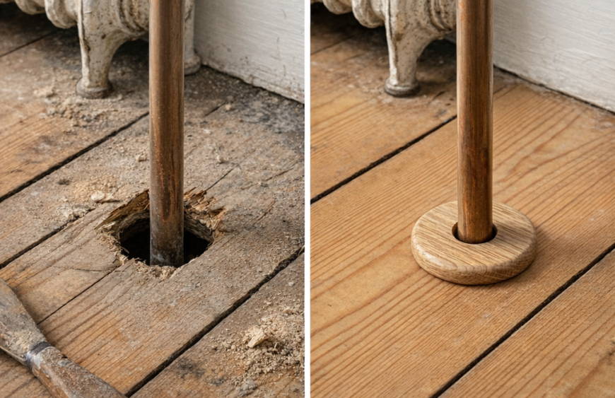 solid oak radiator pipe cover floor collar before and after installation on wooden floor