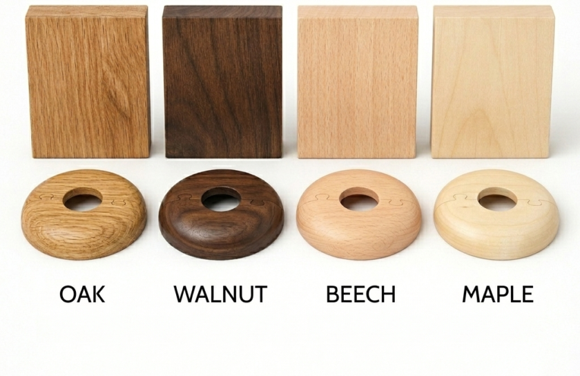 Four wooden radiator pipe covers displayed in oak, walnut, beech, and maple wood finishes