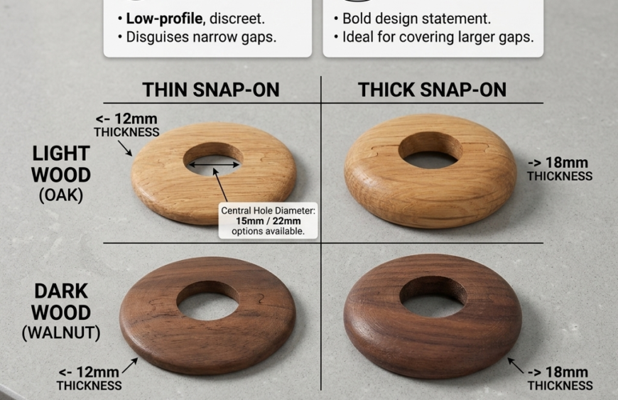 Infographic guide comparing thin 12mm and thick 18mm snap-on wooden radiator pipe collars in light oak and dark walnut finishes