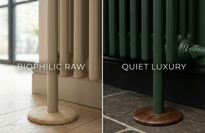 Solid Unfinished Oak Pipe Cover installed at base of cast iron radiator on light herringbone wood floor