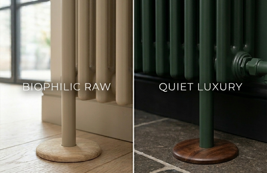 Solid Unfinished Oak Pipe Cover installed at base of cast iron radiator on light herringbone wood floor