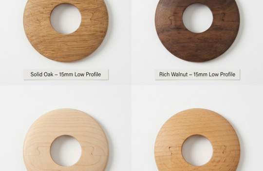 A professional product grid showcasing four different solid wood radiator pipe covers: Natural Oak, Rich Walnut, Pale Maple, and Warm Beech.