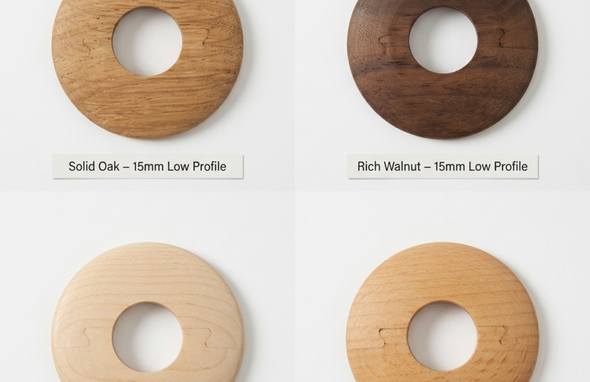 A professional product grid showcasing four different solid wood radiator pipe covers: Natural Oak, Rich Walnut, Pale Maple, and Warm Beech.