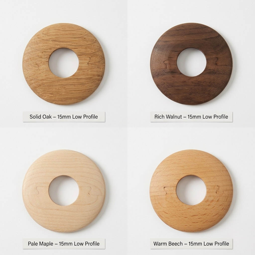A professional product grid showcasing four different solid wood radiator pipe covers: Natural Oak, Rich Walnut, Pale Maple, and Warm Beech.
