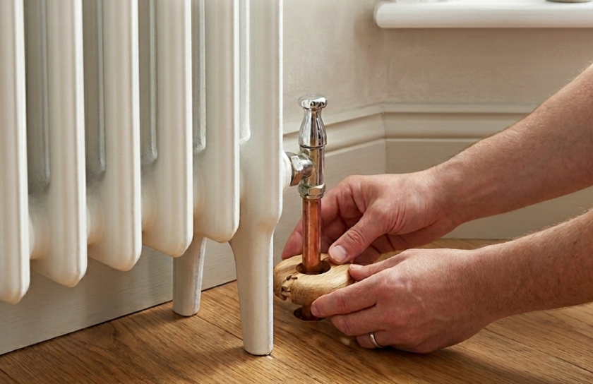 Person installing a light oak radiator pipe collar around a copper pipe on a wood floor