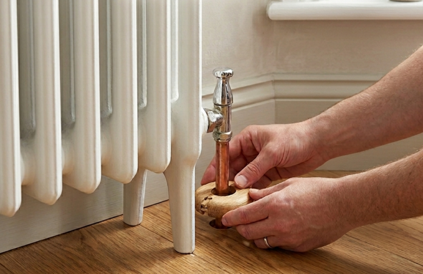 Person installing a light oak radiator pipe collar around a copper pipe on a wood floor