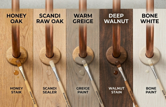 Raw prefinish solid oak radiator pipe collars being painted to match popular UK floor colors including Honey Oak, Walnut, and Grey