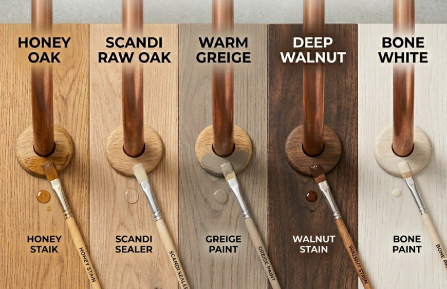 Raw prefinish solid oak radiator pipe collars being painted to match popular UK floor colors including Honey Oak, Walnut, and Grey