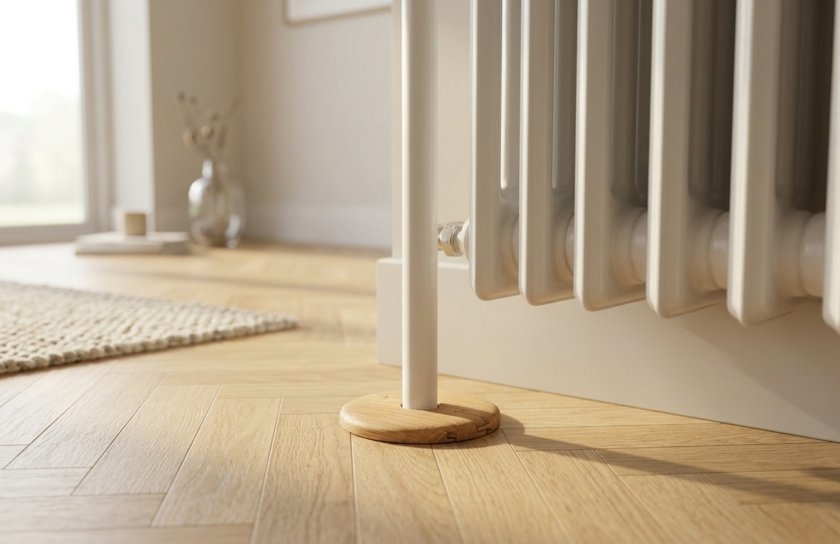 White column radiator with a real oak wood pipe collar on light herringbone oak flooring, showing how to hide flooring gaps.