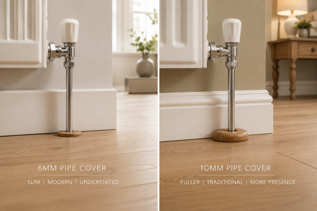Side-by-side comparison of 6mm and 10mm oak radiator pipe covers on light oak flooring in a modern UK home interior