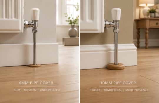 Side-by-side comparison of 6mm and 10mm oak radiator pipe covers on light oak flooring in a modern UK home interior