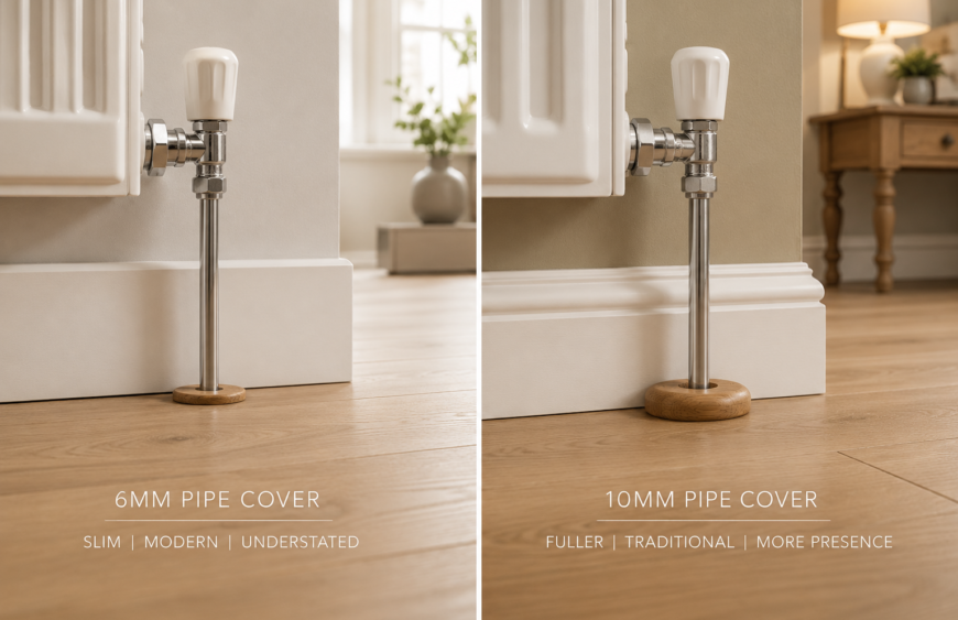 Side-by-side comparison of 6mm and 10mm oak radiator pipe covers on light oak flooring in a modern UK home interior