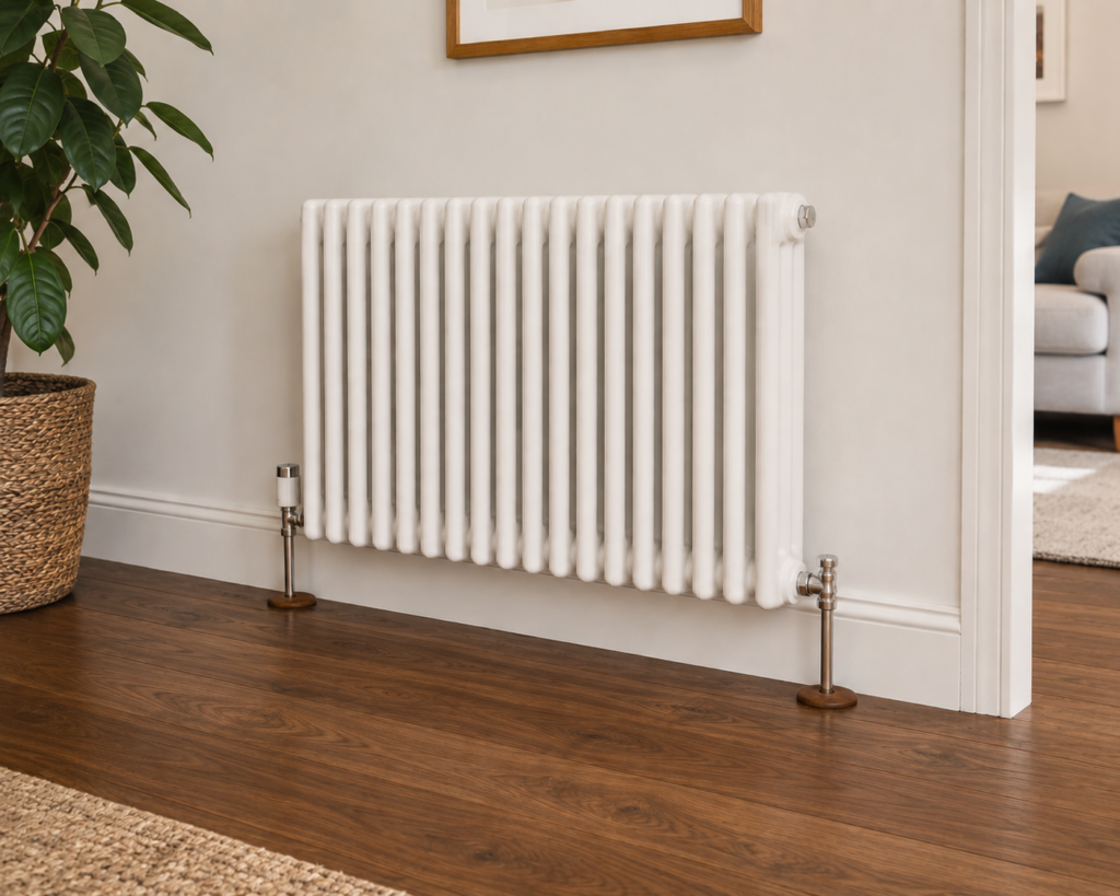 White radiator mounted against a neutral wall with walnut wood flooring and matching wooden radiator pipe covers in a bright modern UK home interior.