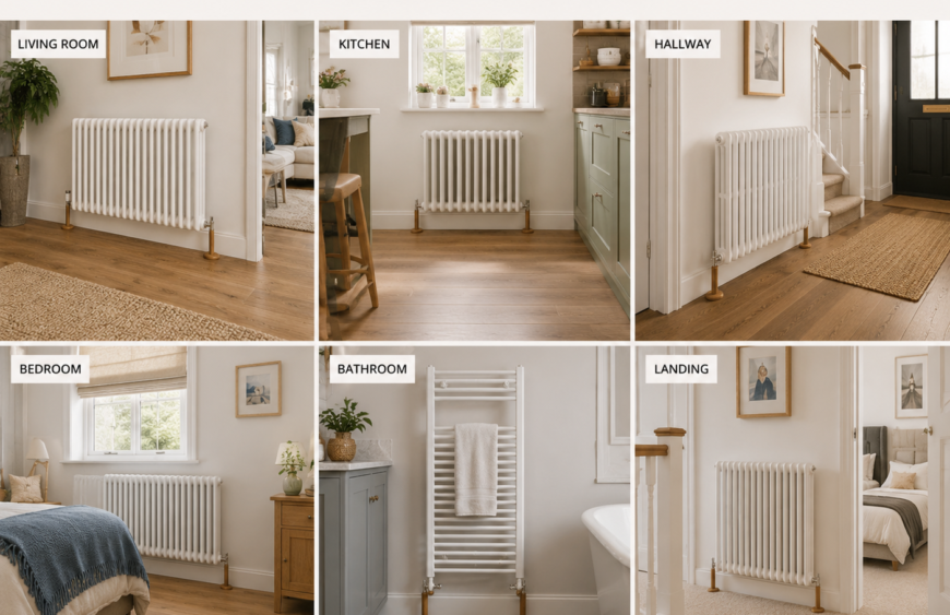 Split-image collage showing radiators in a living room, kitchen, hallway, bedroom, bathroom, and landing, all fitted with wooden radiator pipe covers