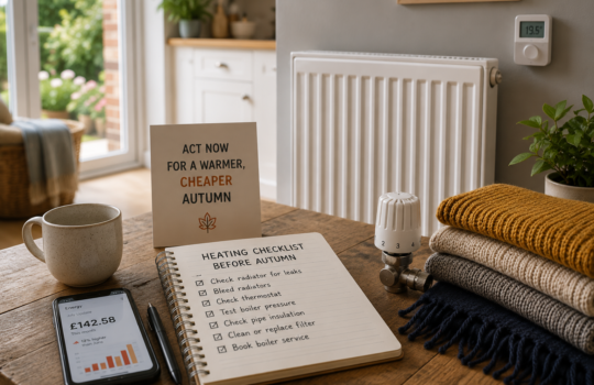 White radiator with oak wooden pipe collars, heating checklist and energy bill on a table in a modern UK home preparing for autumn