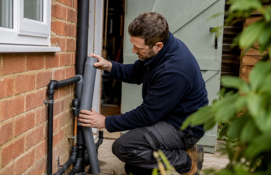 Technician fitting pipe protection to exposed pipework beside a UK home