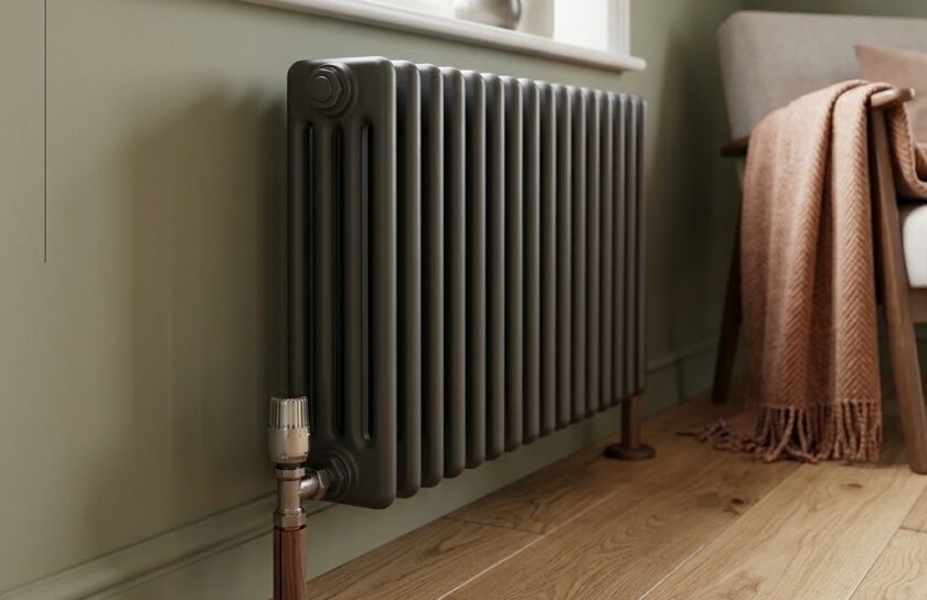 Walnut lacquered pipe collar surround and sleeve installed on 15mm radiator pipework